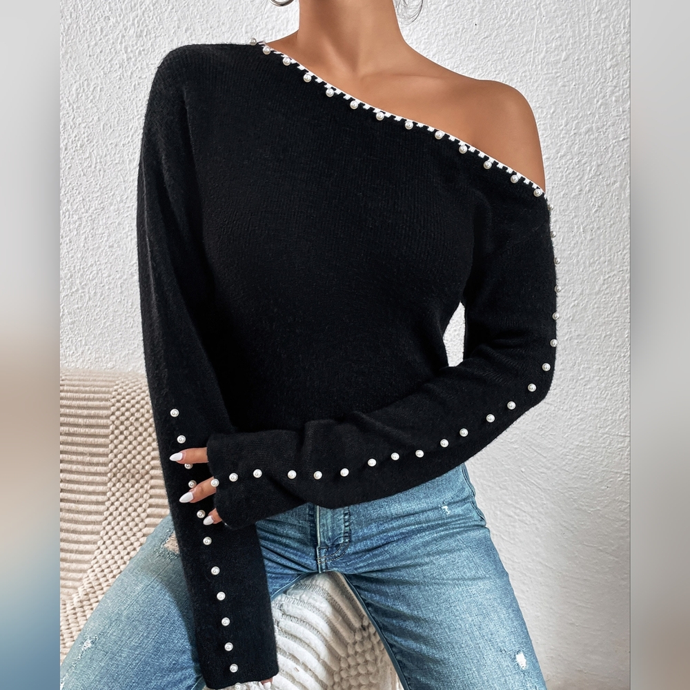 Beaded Asymmetrical Neck Sweater - Picture 2 of 5